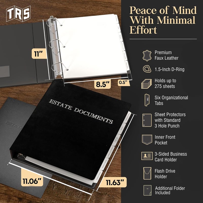 Three Ring Systems Estate Planning Binder with Pre-Labeled Tabs, 1.5-Inch Angle D Ring, Faux Leather, Sheet Protectorsâ€“ Organizing Wills, Trusts, Powers of Attorney (Black with Silver) + Linen Folder - Image 2